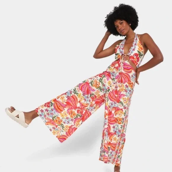 FARM Rio Floral Halter Maxi Jumpsuit in Bright Pink, Orange & Yellow - Picture 4 of 6